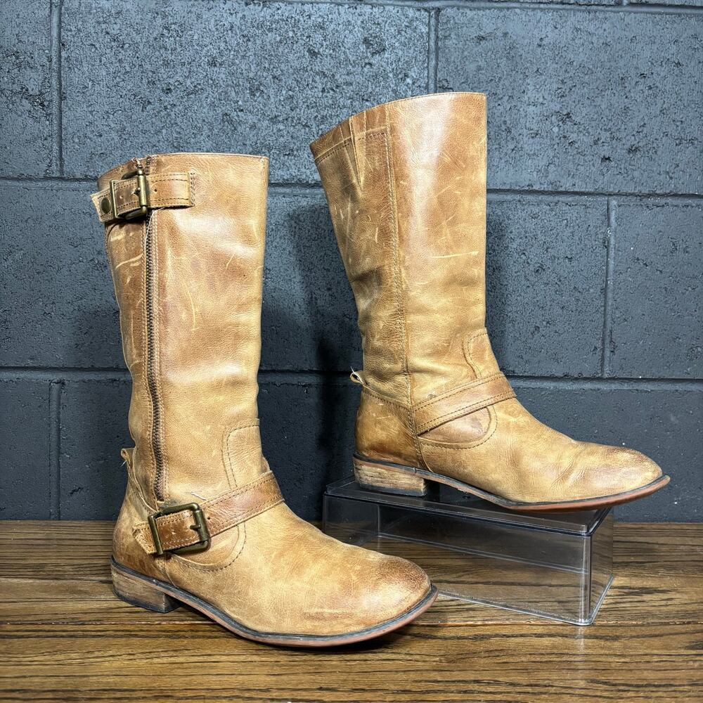 Gianni Bini Brown Leather Tall Riding Moto Boots Buckle Distressed Women’s 9.5